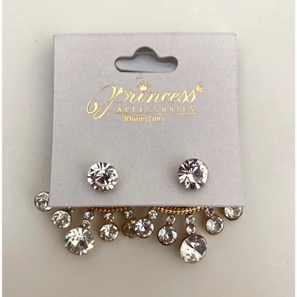 Princess Accessories Rhinestone Women's Under Lobe Cuff Stud Gold Tone Earrings - Picture 1 of 8
